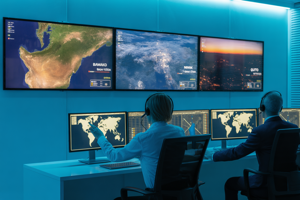 Carte du monde mettant en évidence le Mali, la Biélorussie et l'Équateur comme des zones de tensions géopolitiques en septembre 2025.