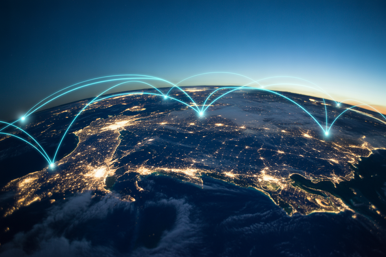 A digital map of the world with glowing connection lines between continents, representing global interconnectedness and a 24-hour news cycle.
