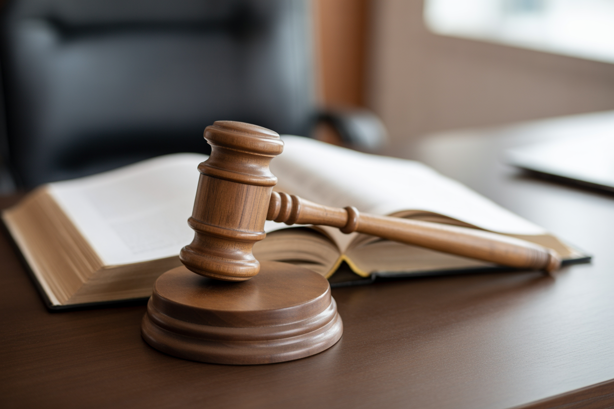 A gavel resting on a law book, symbolizing justice, legal rulings, and corporate accountability.