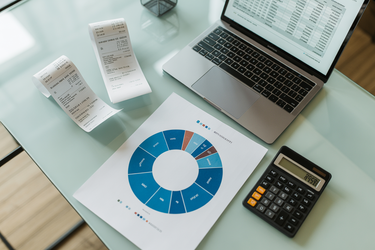 Graphique circulaire montrant les principales catégories de charges déductibles pour une PME : frais de personnel, loyers, achats de marchandises, frais de marketing, honoraires.