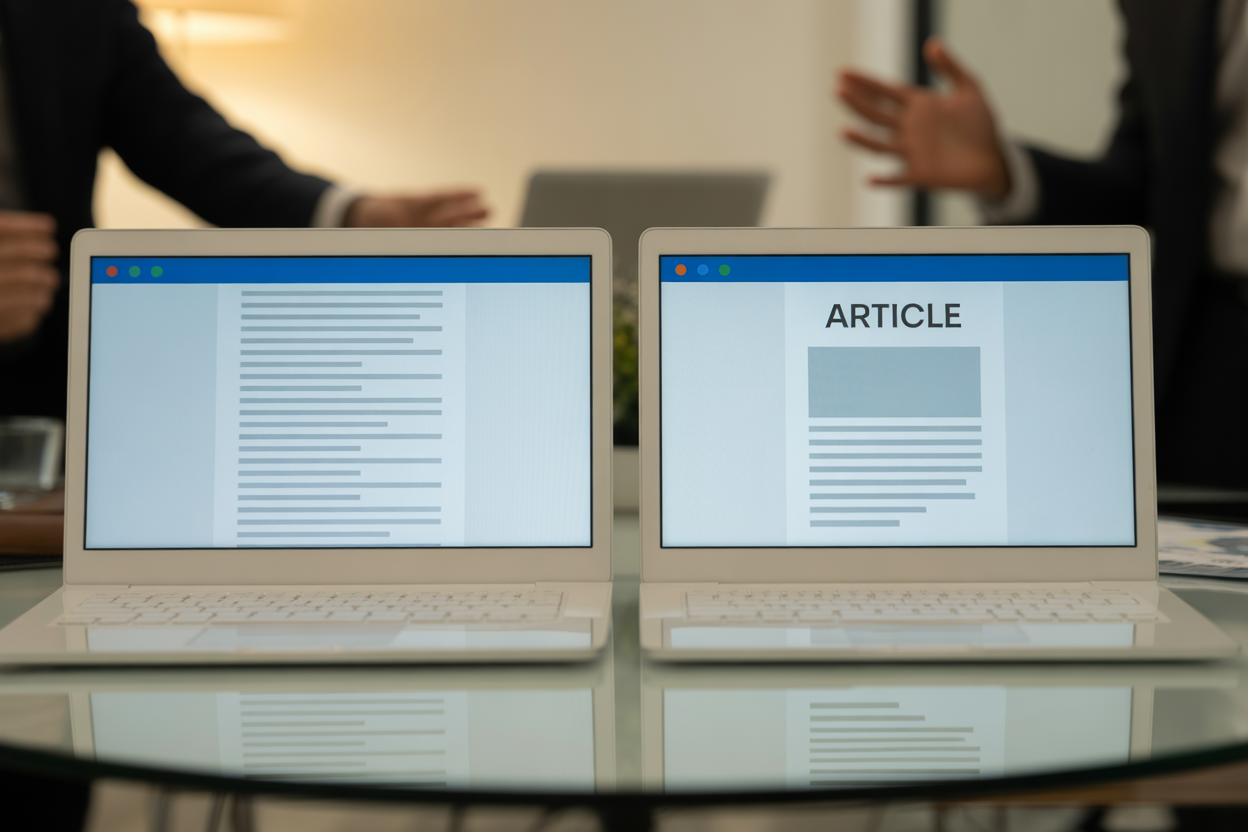 A bar chart comparing the time it takes to create one SEO article. The 'Manual Writing' bar shows 8 hours, while the 'Automated Content Generation' bar shows 15 minutes.