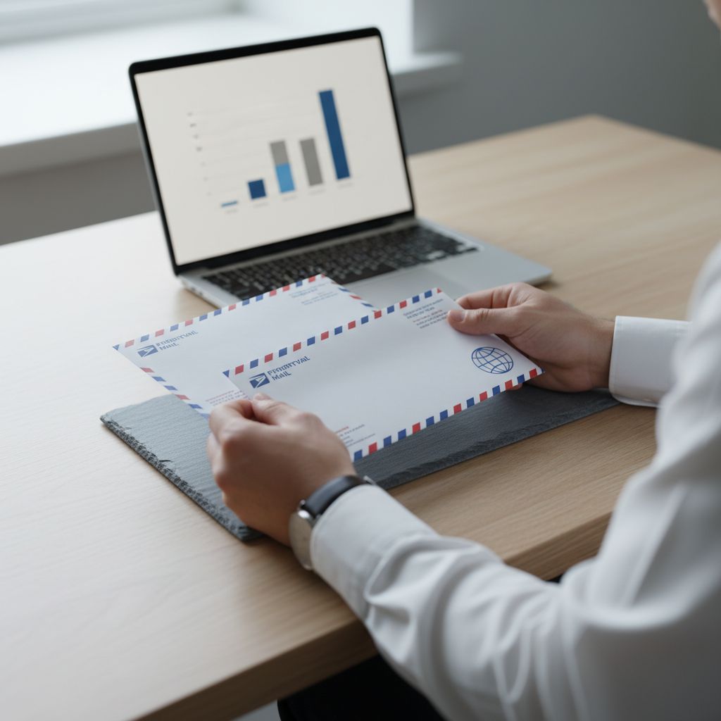 Tableau comparatif simple des services USPS : First-Class Mail International vs Priority Mail, montrant les différences de coût, de poids et de suivi.