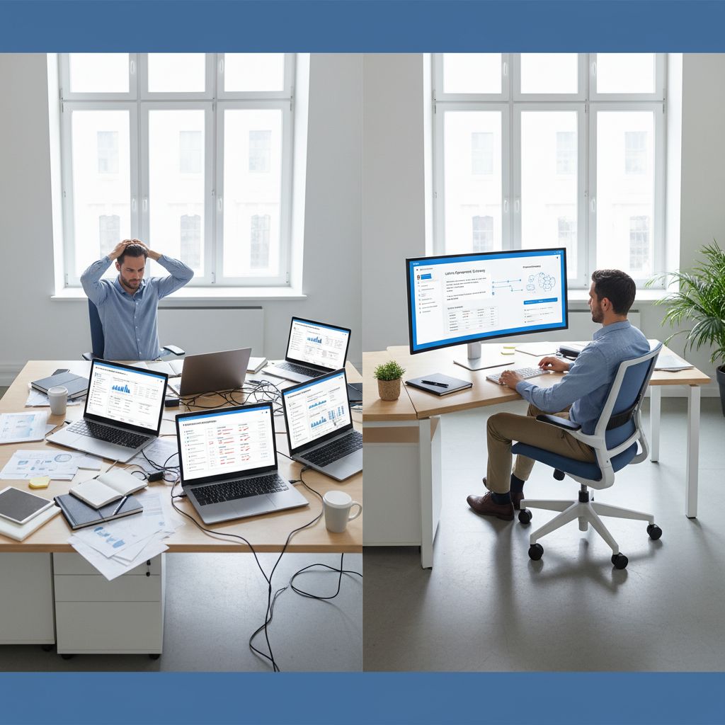 A diagram showing disconnected icons for SEO tools on one side, and a connected, flowing workflow of the same tools on the other, illustrating the benefit of integration.