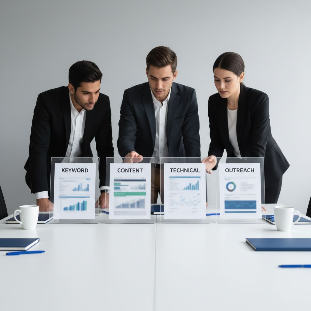 A quick visual breakdown of popular SEO tools by what they do: Keyword Research, Content Creation, Technical SEO, and Outreach.