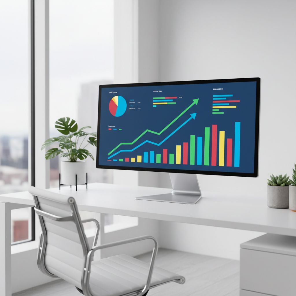 A clean and modern dashboard mockup displaying SEO KPIs like organic traffic, keyword rankings, and conversion rates, with charts and graphs.