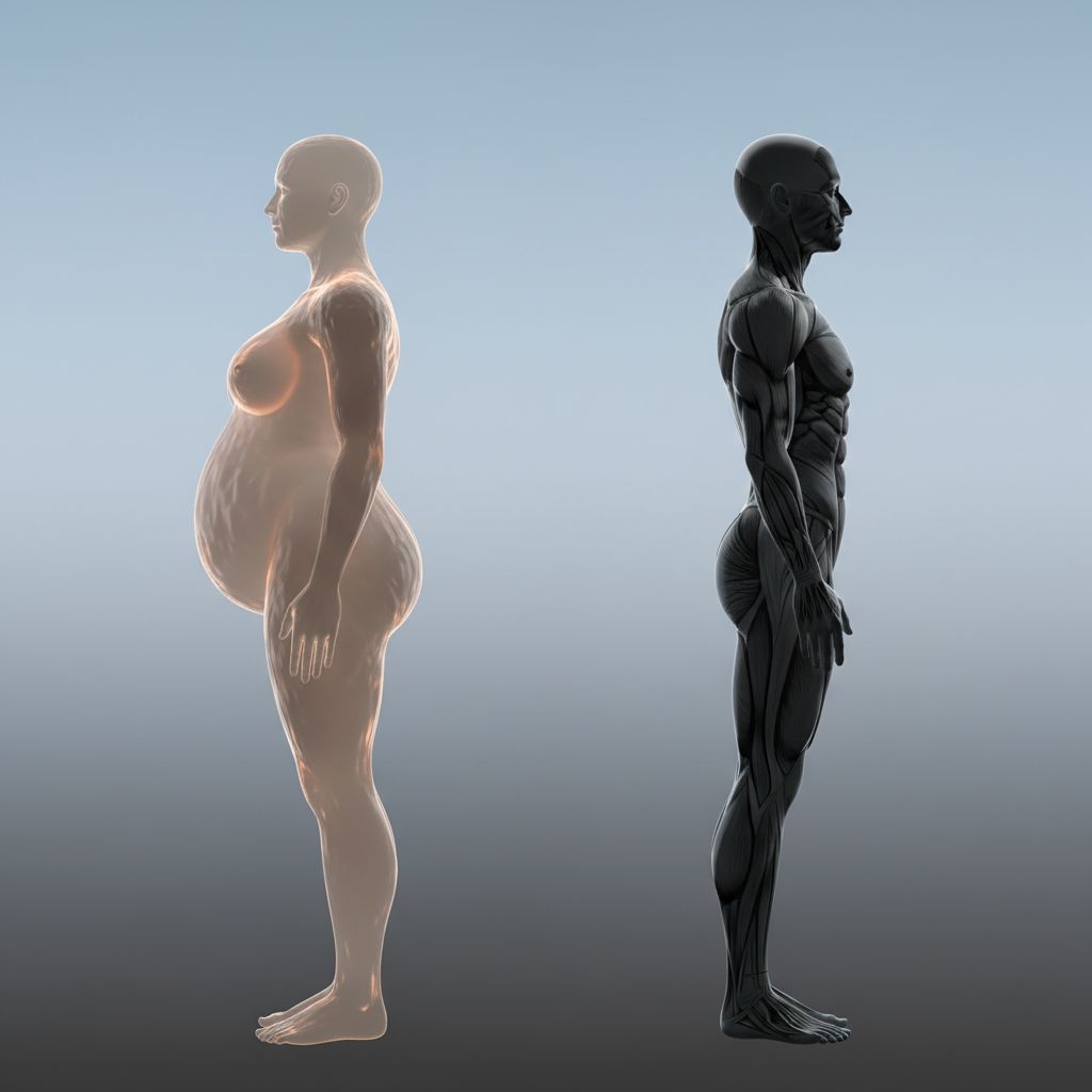Diagramme comparant deux personnes de même taille et poids, donc même IMC. L'une a un pourcentage de graisse corporelle élevé et peu de muscle, l'autre a un faible pourcentage de graisse et beaucoup de muscle, illustrant la limite de l'IMC.