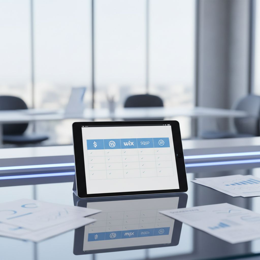 A chart comparing key features of top AI website builders: AI Setup, Content Generation, SEO Tools, and E-commerce.