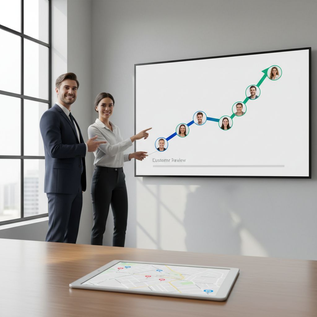 Un graphique simple montrant l'impact des avis clients sur le classement local d'une entreprise, avec une courbe ascendante.