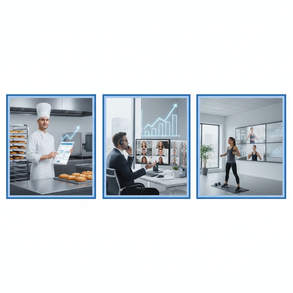 A bar chart showing off some amazing growth thanks to AI website builders: 'Bakery: +100% Online Orders,' 'Consultancy: +40% Leads,' and 'Fitness Studio: 3 New Markets Entered.'