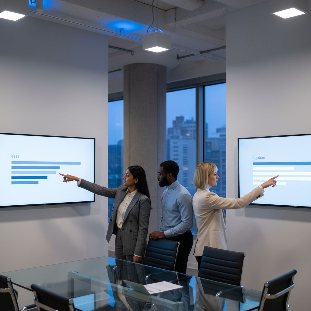 A simple bar chart comparing the 'Ease of Use' vs 'Creative Freedom' for Wix, Squarespace, and Framer. Wix is high on ease of use, while Framer is high on creative freedom.