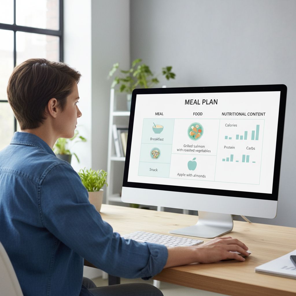 Un tableau simple et clair qui décompose une journée type de repas avec les colonnes : Repas, Aliments, Calories, Protéines, Glucides, Lipides.