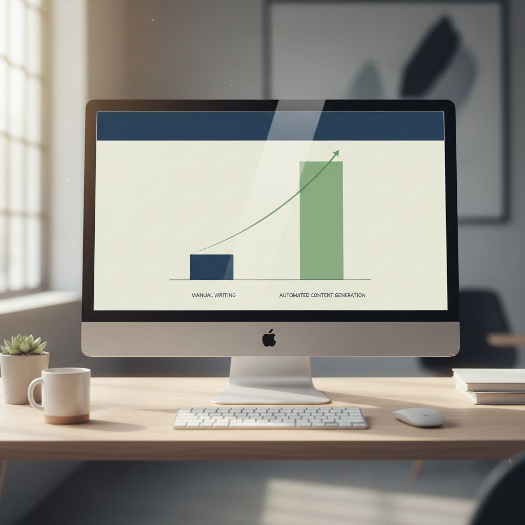 A bar chart comparing content output over one month: 'Manual Writing' (10 articles) vs 'Automated Content Generation' (30+ articles).