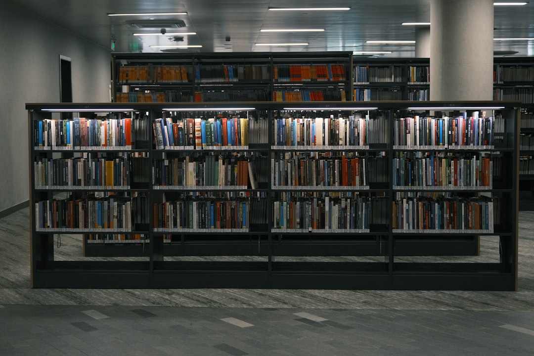 A vast, modern library with endless rows of books, symbolizing the massive scale of content that can be generated through automation.