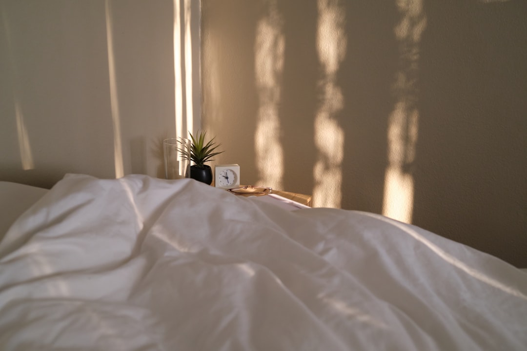 Une chambre à coucher minimaliste et bien rangée, baignée par la douce lumière du matin, évoquant un sommeil réparateur.