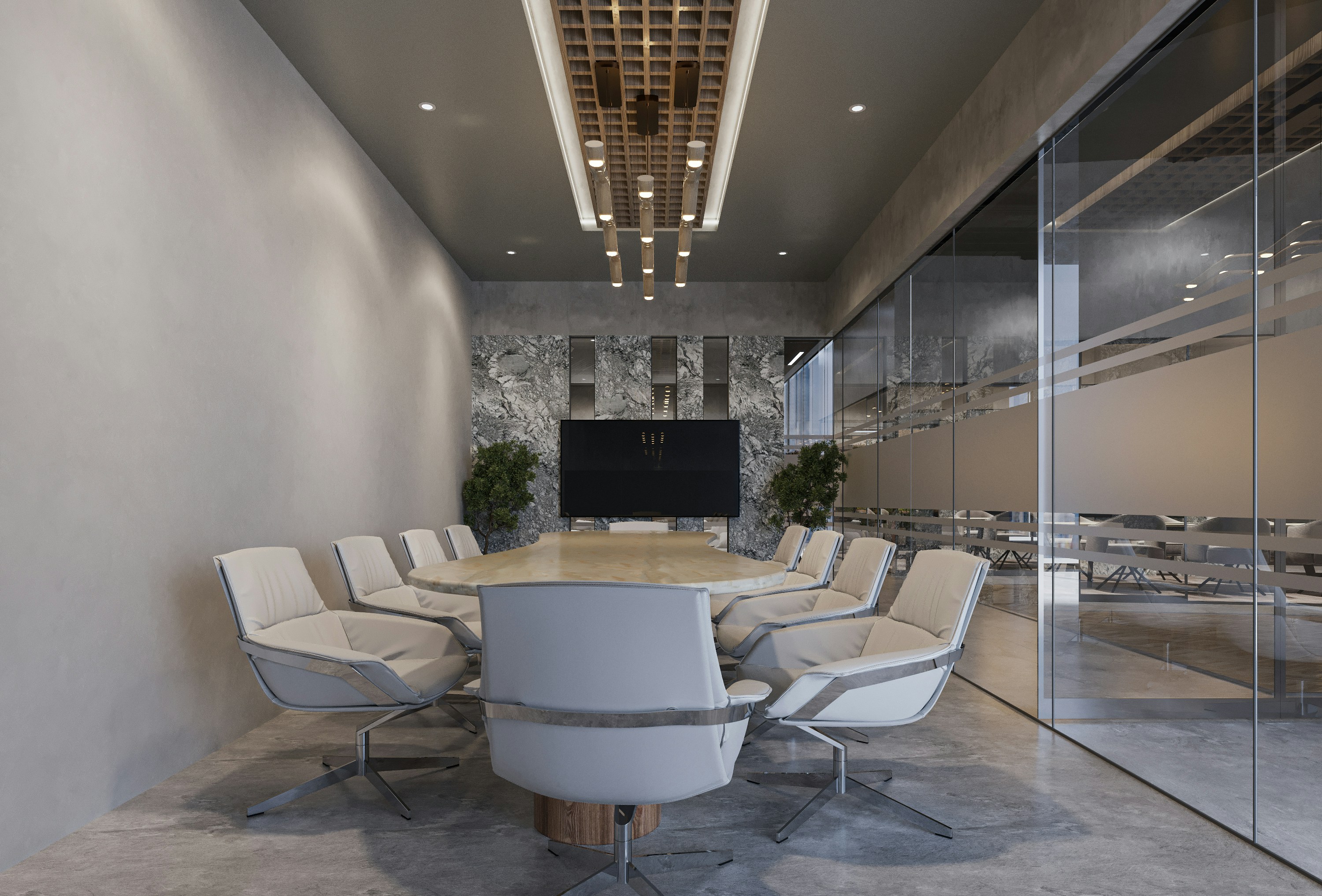 Une salle de réunion moderne et lumineuse. Sur une grande table en bois, des documents financiers sont étalés, signe d'une discussion stratégique en cours.