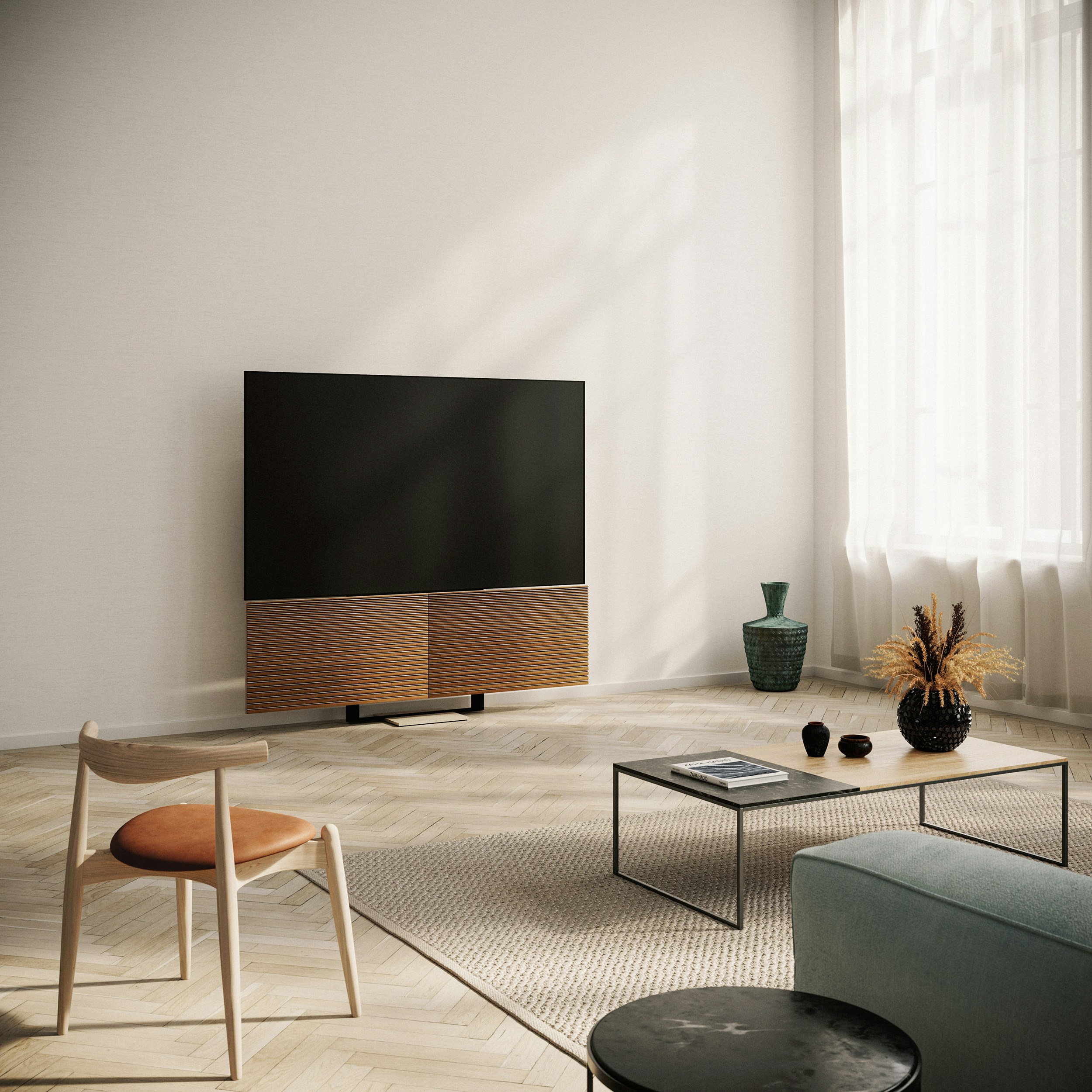 Un meuble TV mural minimaliste dans un salon contemporain, avec des éléments suspendus en bois sombre et laque blanche.