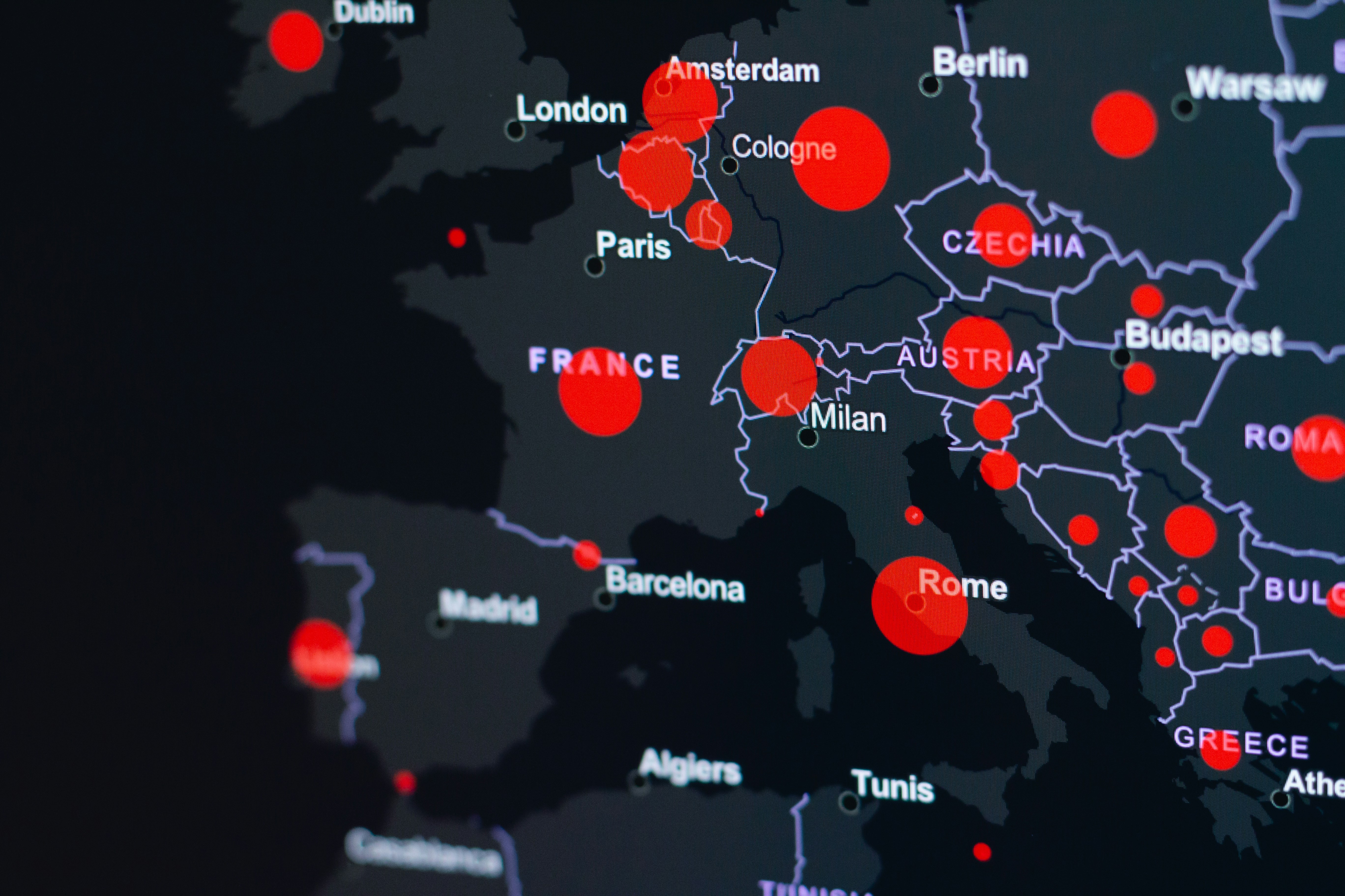 A global map with interconnected points, symbolizing a business's global reach and customer support network.