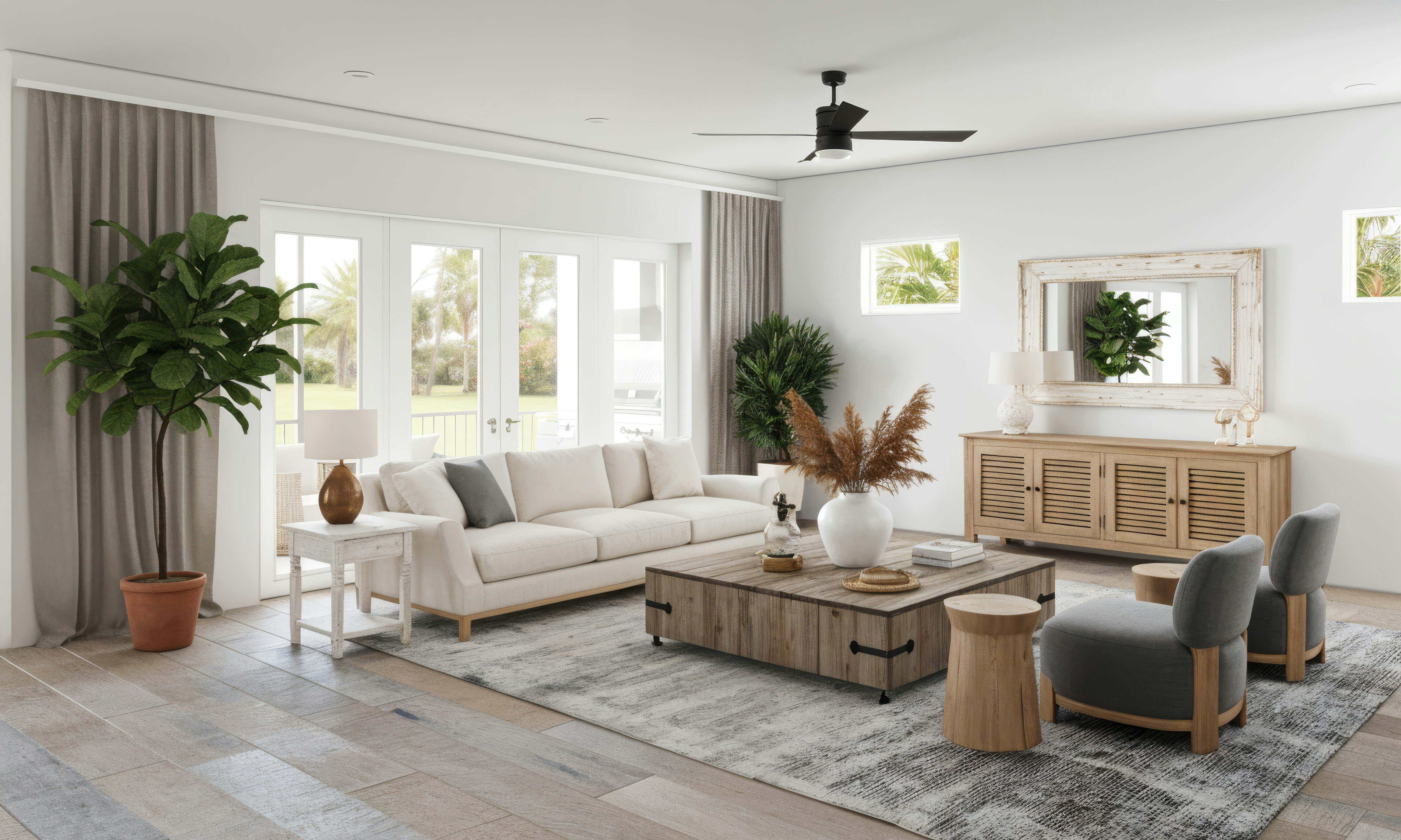 Modern bright living room with freshly painted white walls and wooden floor, interior design photography