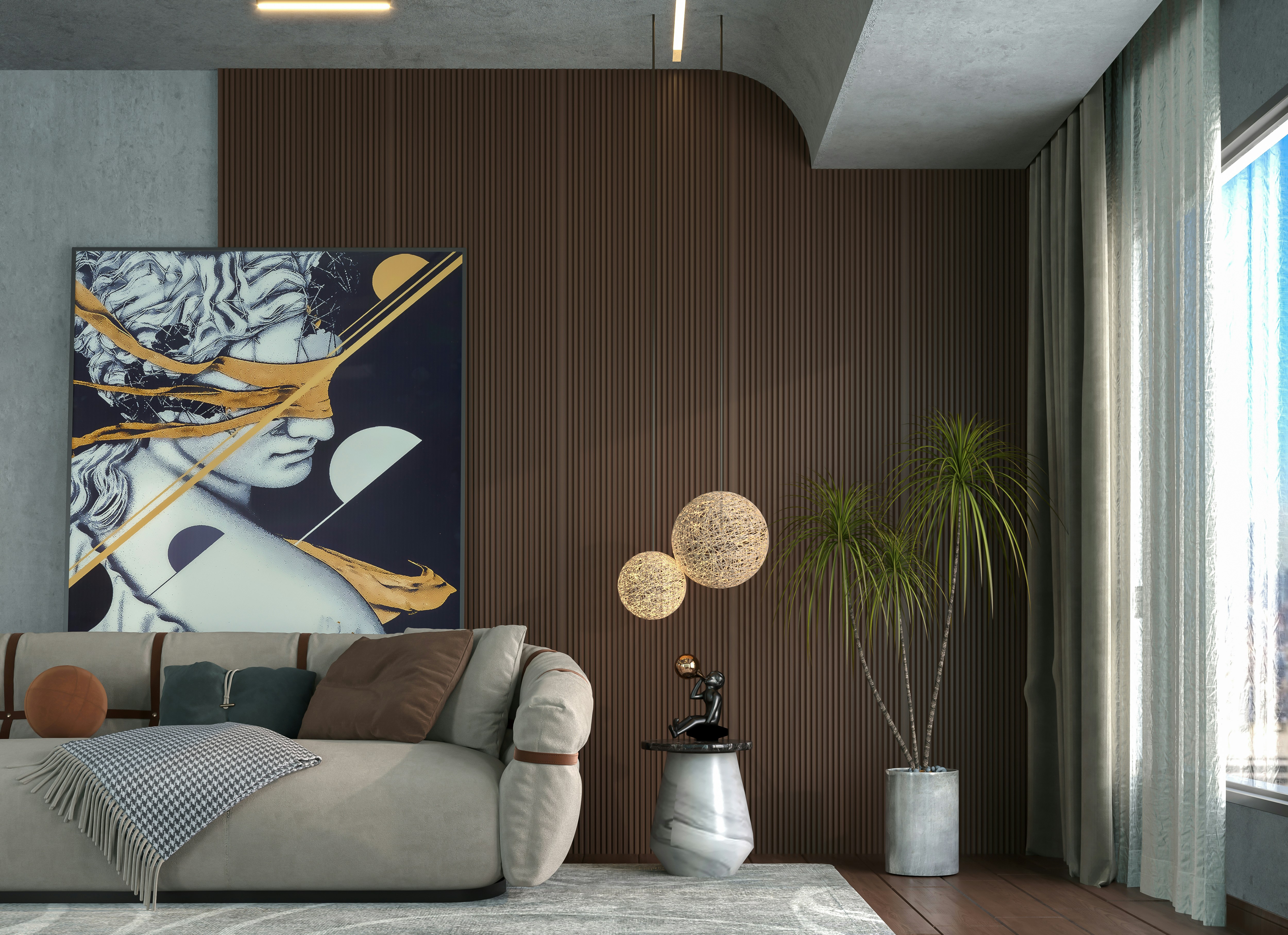 Close-up texturized wall painting in a modern living room with natural light