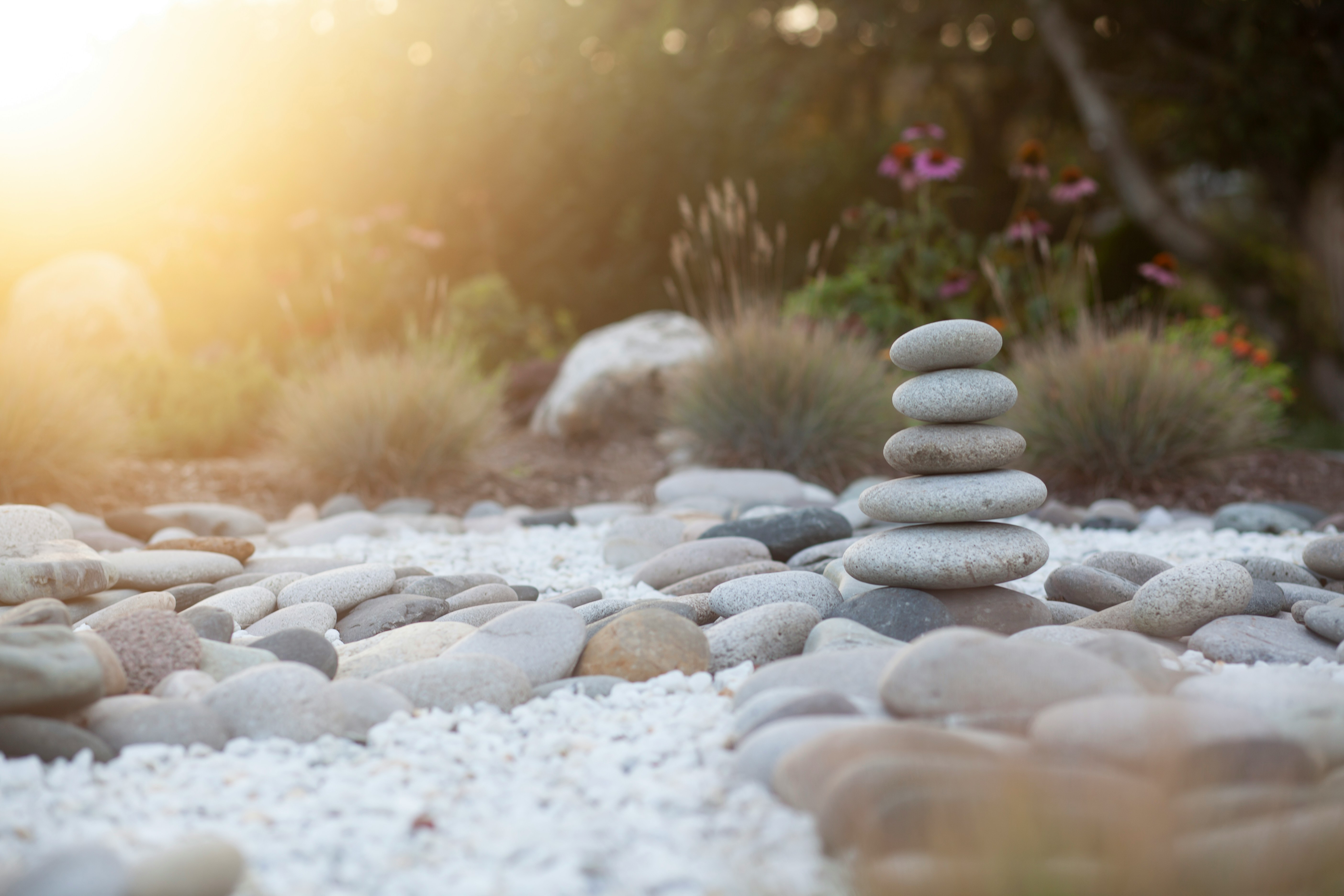 Peaceful nature landscape with stones balanced showing calmness and equilibrium