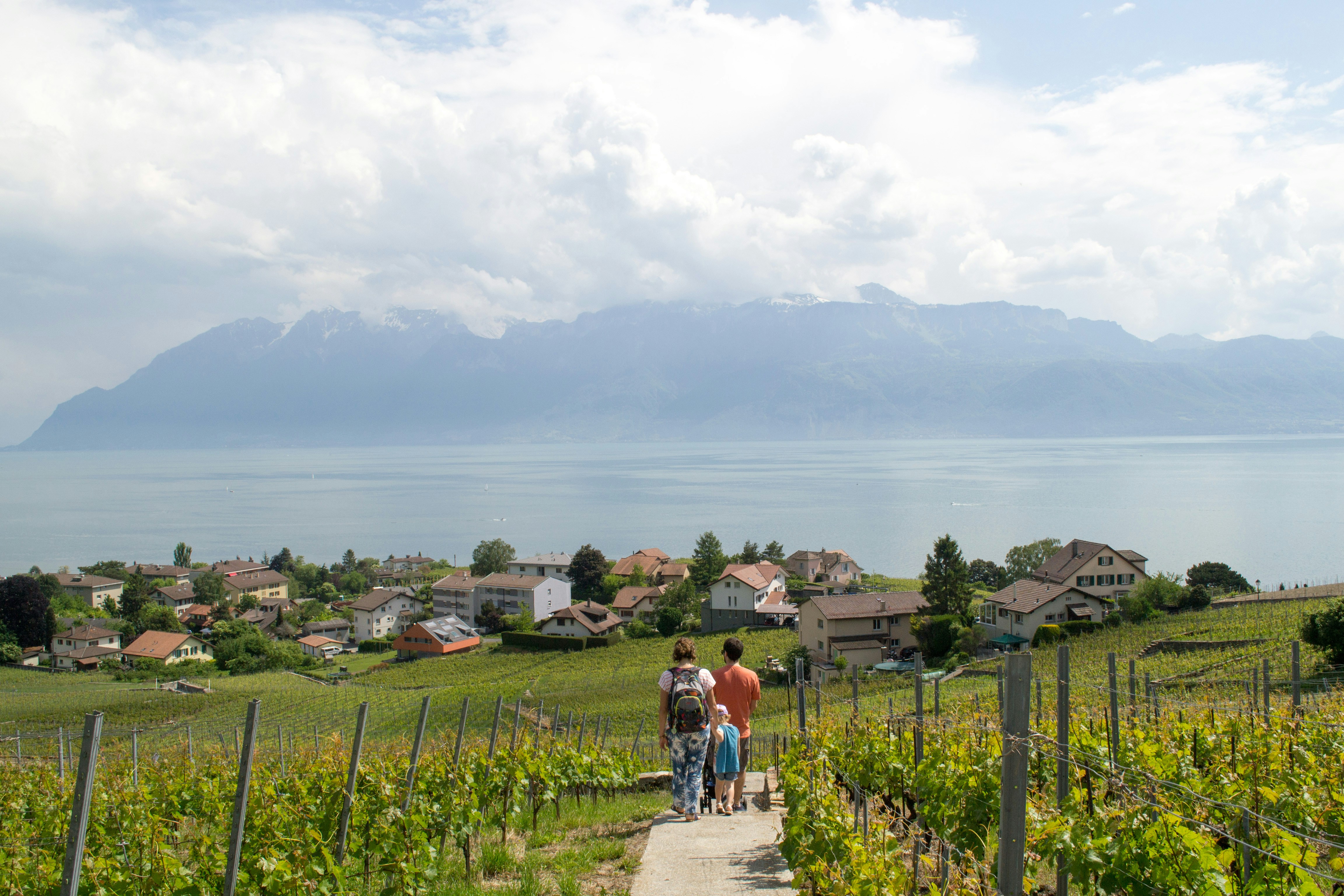 Warm and candid outdoor family photo shoot in Lavaux vineyards overlooking Lake Geneva