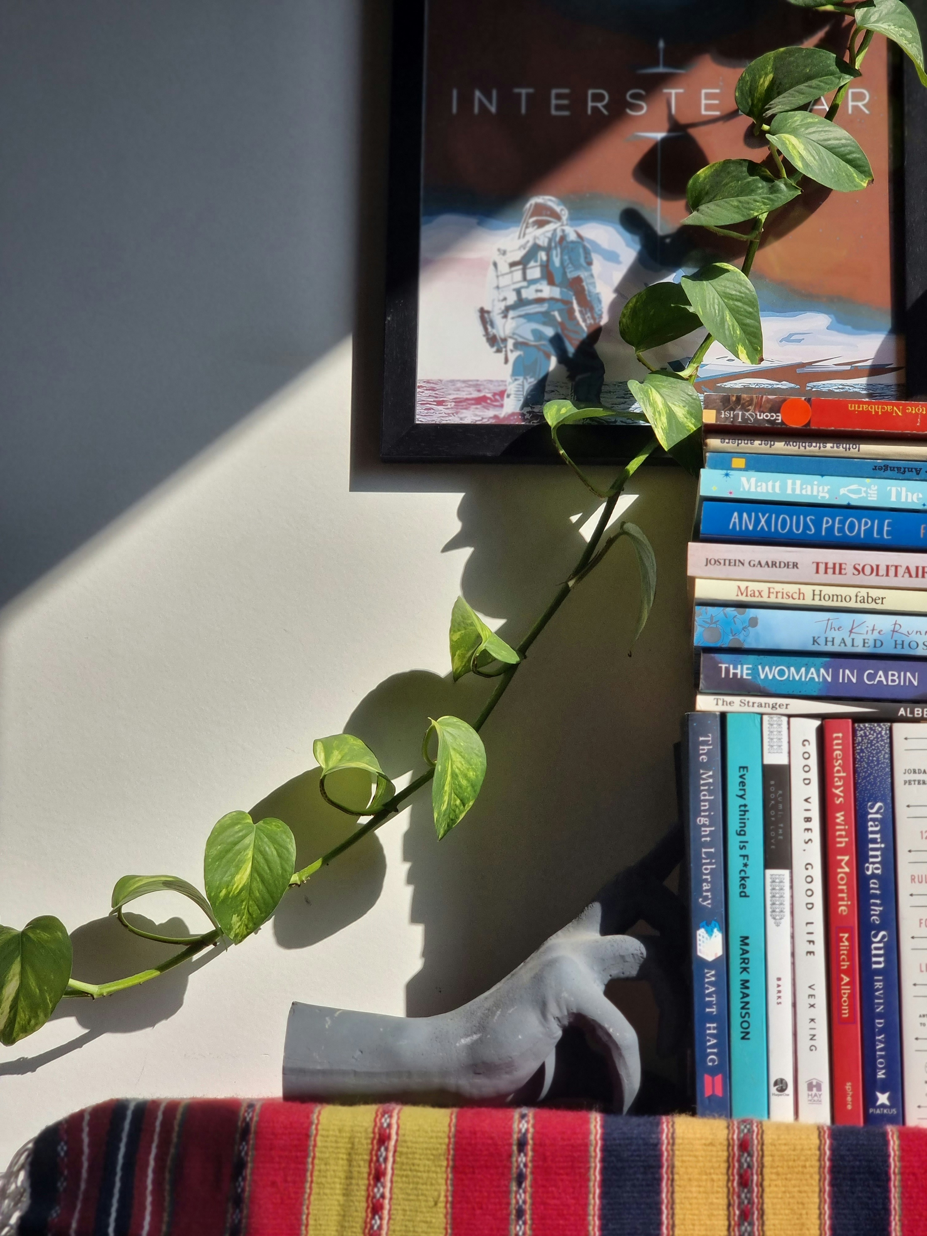 Stylish shelf arrangement demonstrating the rule of three with vases, books, and a plant