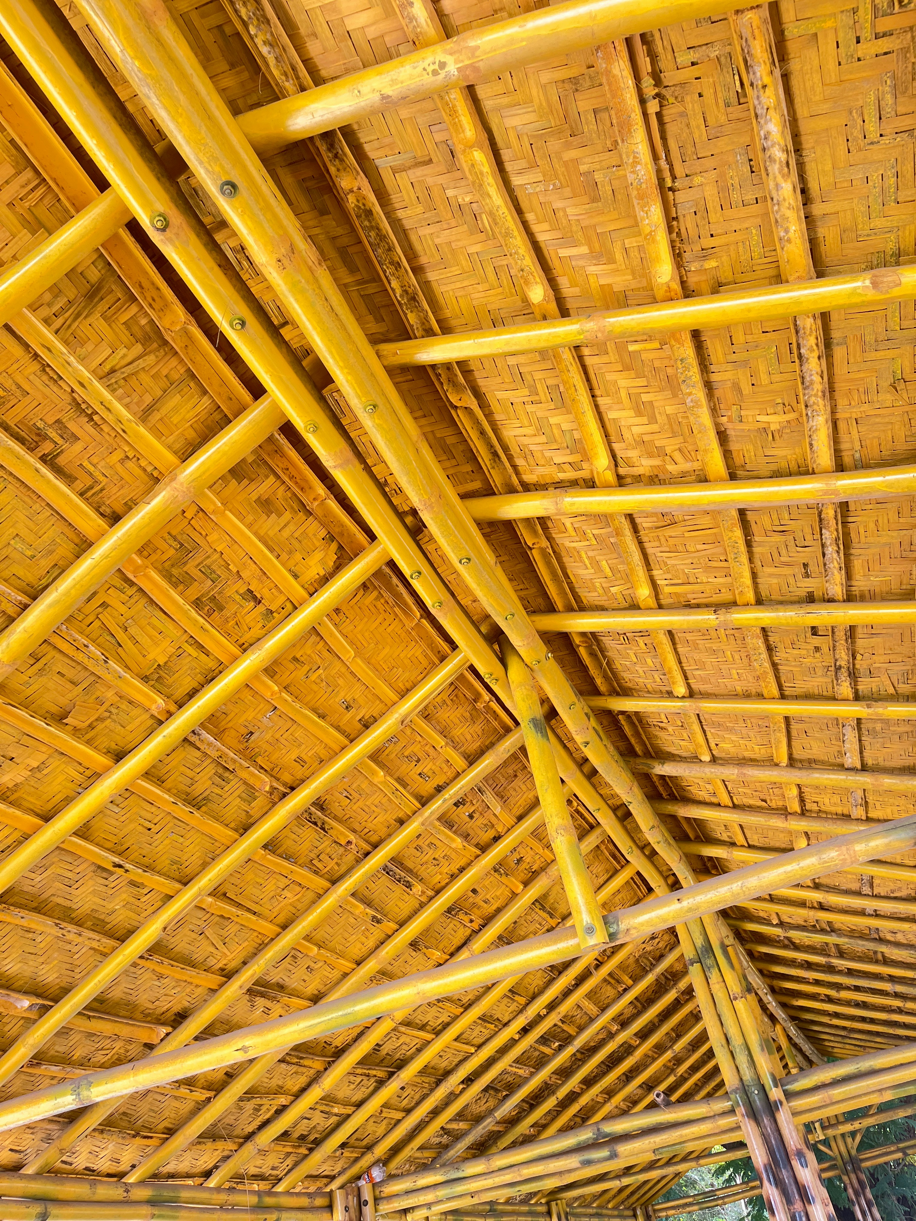 Close up of yellow glass wool insulation being installed between wooden roof beams