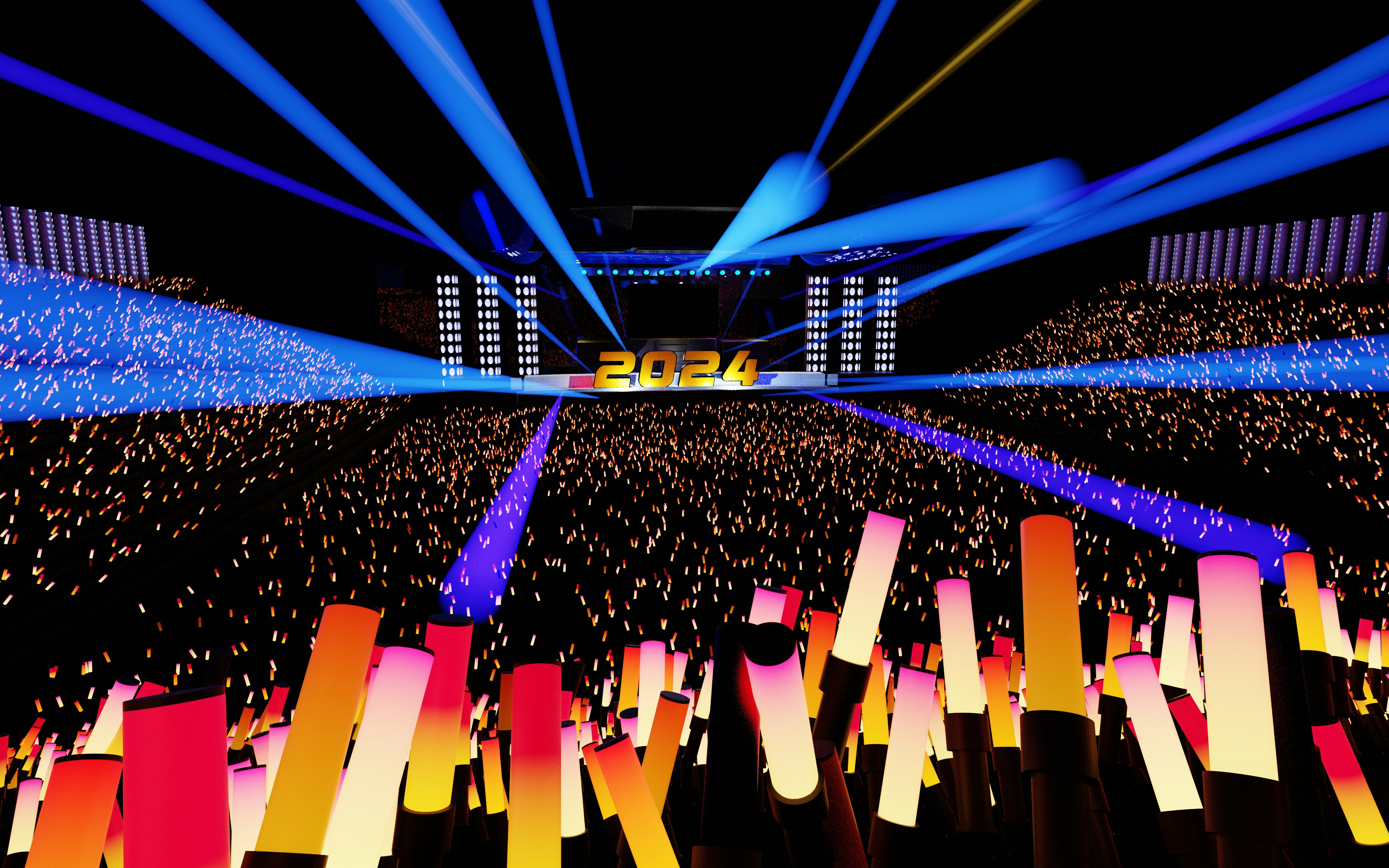 Abstract artistic shot of a concert crowd raising hands with stage lights in the background