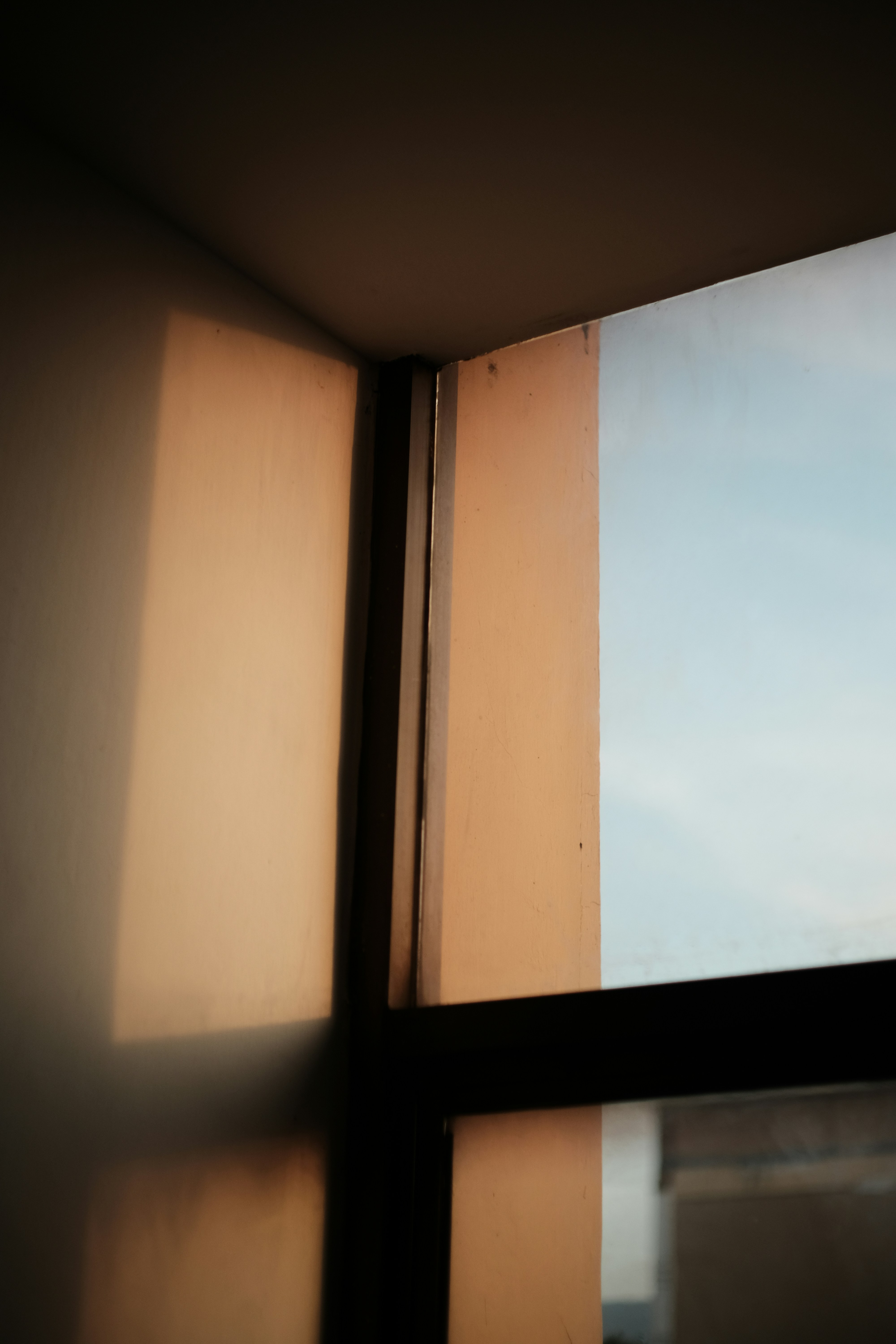 Cozy interior living room with sunlight filtering through aesthetic blinds looking out to a swiss garden