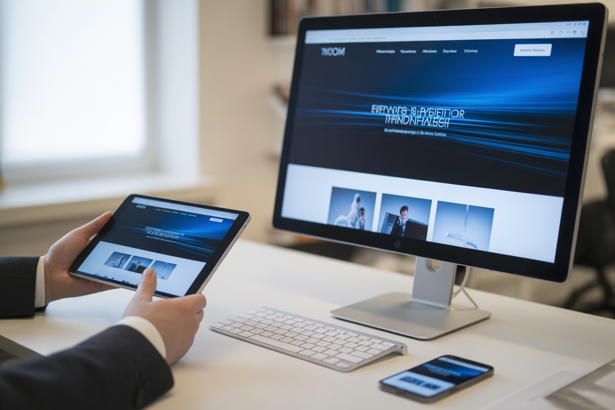 A diagram showing how a single responsive website design fluidly adapts its layout to fit a desktop monitor, a tablet, and a smartphone screen.