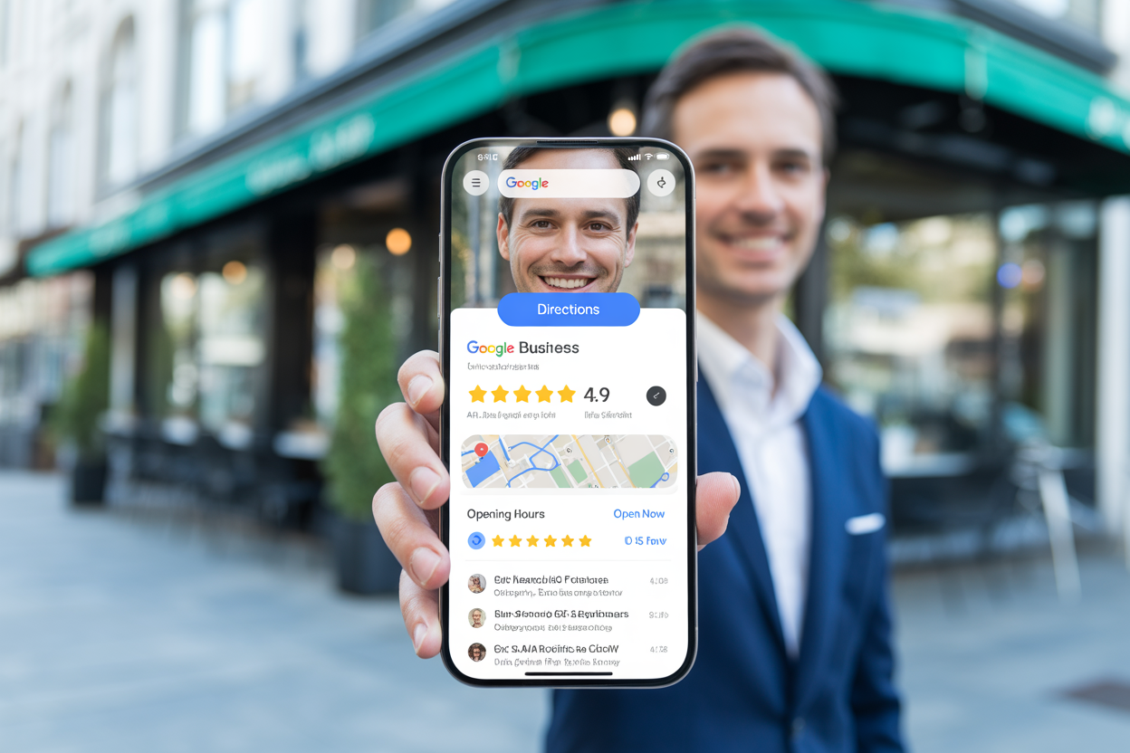 A screenshot showing a perfectly completed Google Business Profile, with photos, hours, address, and reviews clearly visible.
