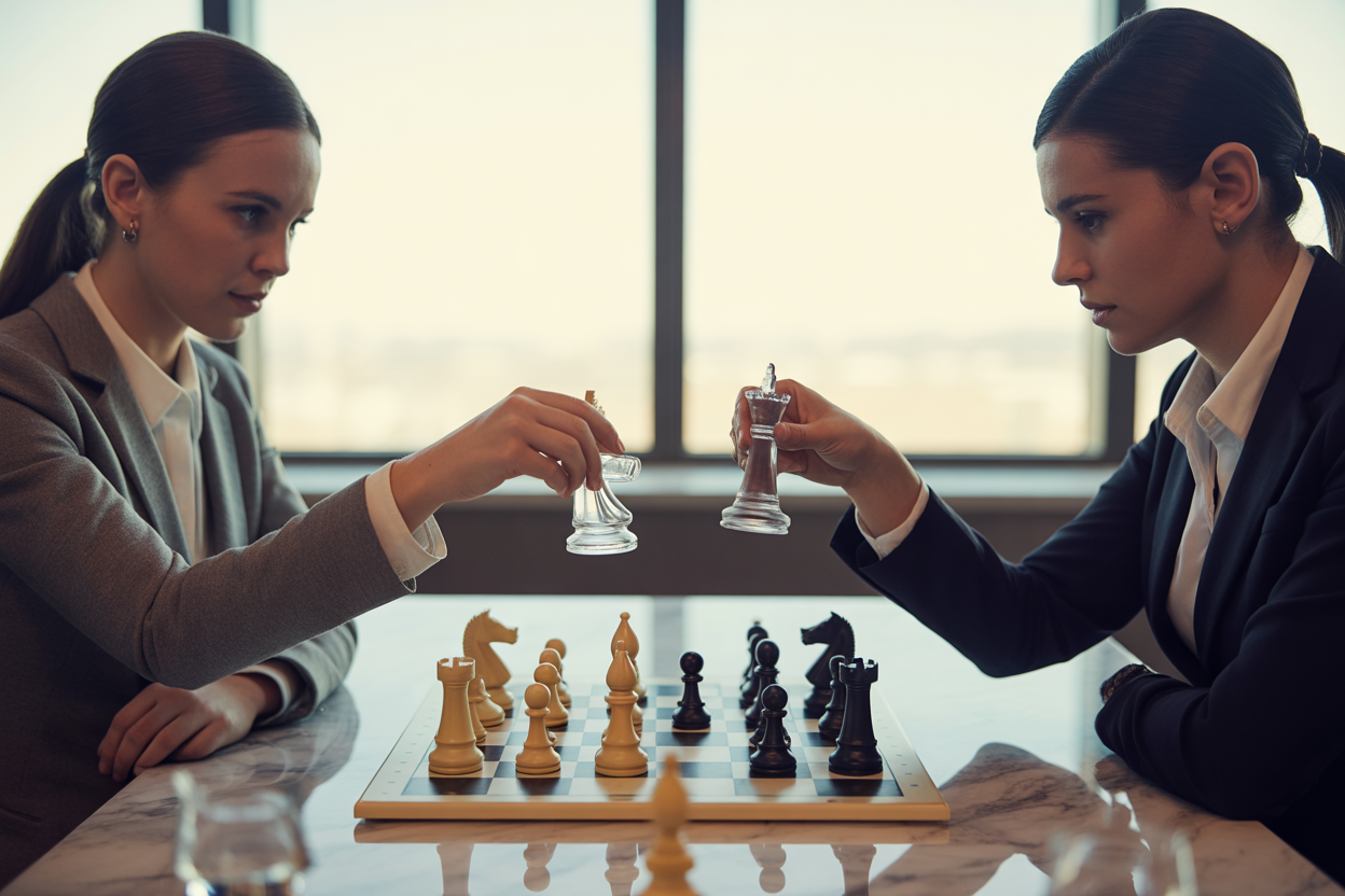 An abstract picture that captures the idea of a digital 'cat-and-mouse' game, perhaps using chess pieces or other abstract shapes.