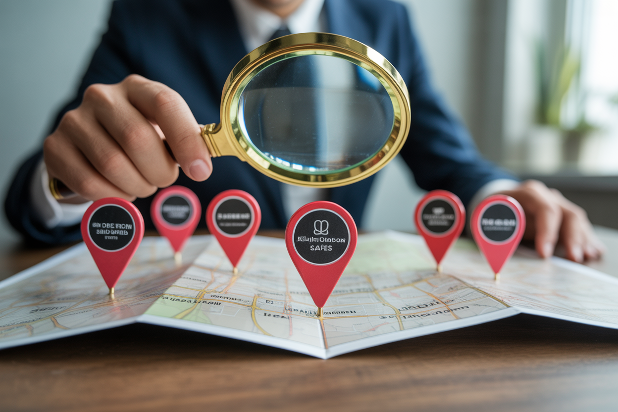 A picture of a magnifying glass hovering over a map with business pins, basically showing what local SEO is all about.