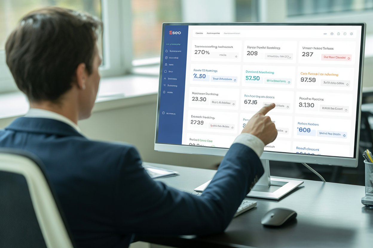 A clean and simple dashboard interface of an SEO tool, showing key metrics like keyword rankings and site health to illustrate user-friendliness.