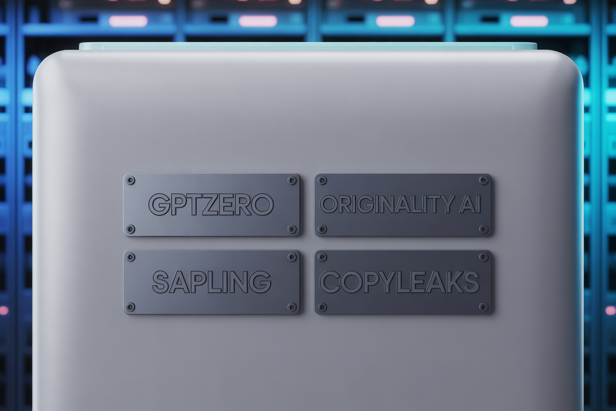 A collage of the logos for popular AI detection tools like GPTZero, Originality AI, Sapling, and Copyleaks.