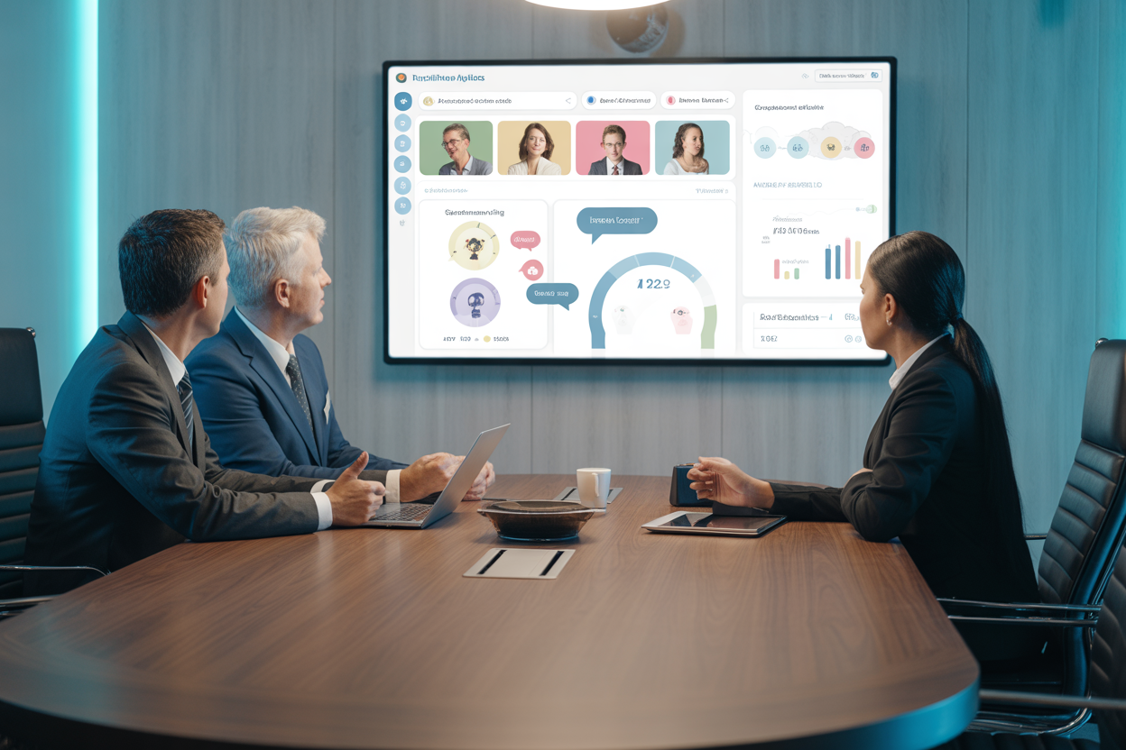Une maquette de tableau de bord montrant des graphiques sur la satisfaction client, les sujets de conversation les plus fréquents et l'analyse des sentiments, générés par une IA de service client.