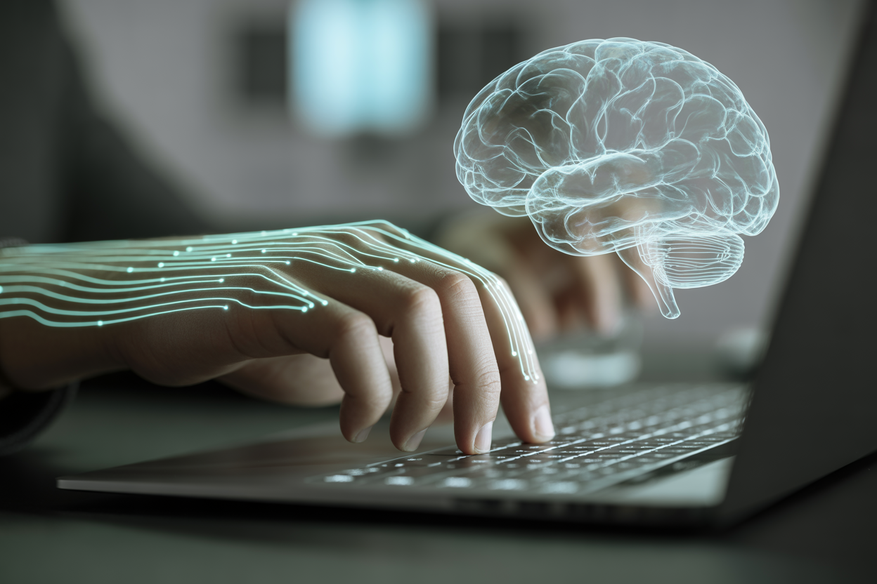 A futuristic image showing a writer's hand on a keyboard with glowing neural network lines connecting to a brain, symbolizing AI-assisted creativity.