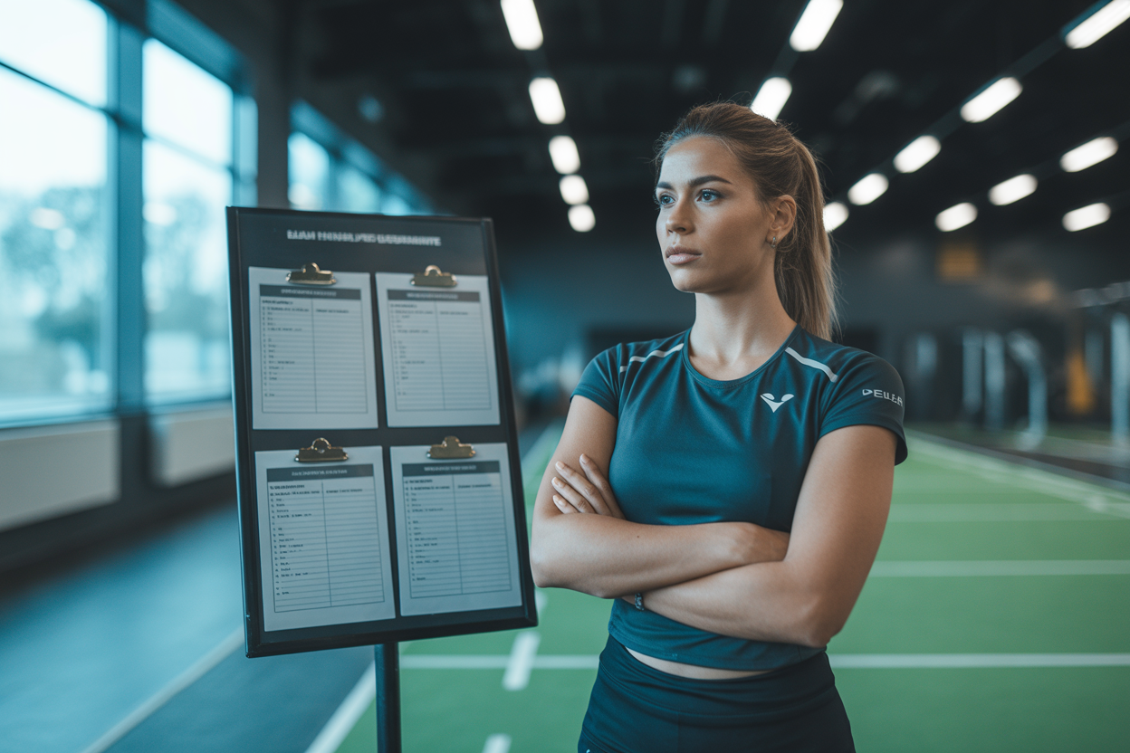 Une personne qui regarde une liste de questions avec en arrière-plan une salle de sport moderne et lumineuse.