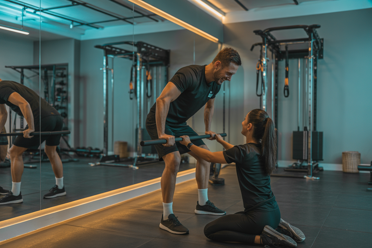 Un coach bienveillant qui assiste un client dans un espace de fitness privé, propre et bien éclairé.
