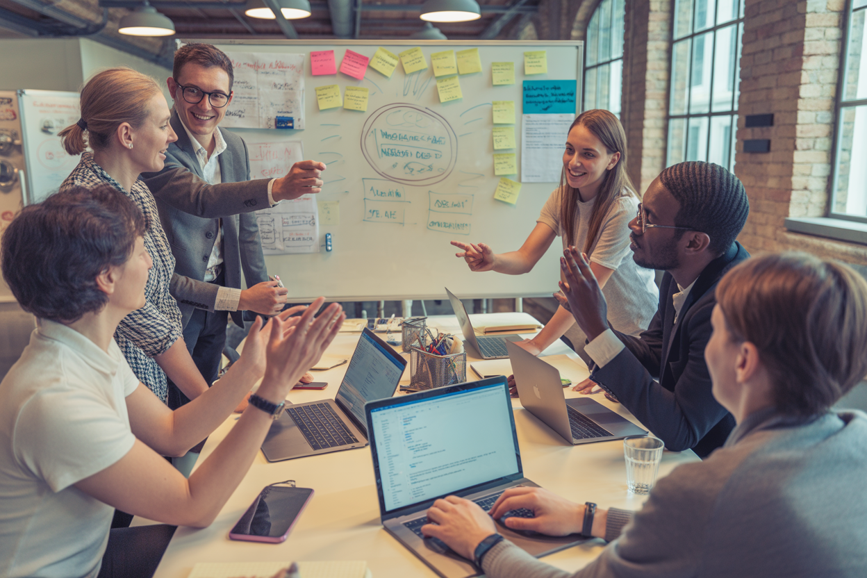 Une équipe diversifiée participant activement à un atelier de formation sur l'IA, avec des post-it et des schémas sur un tableau blanc.