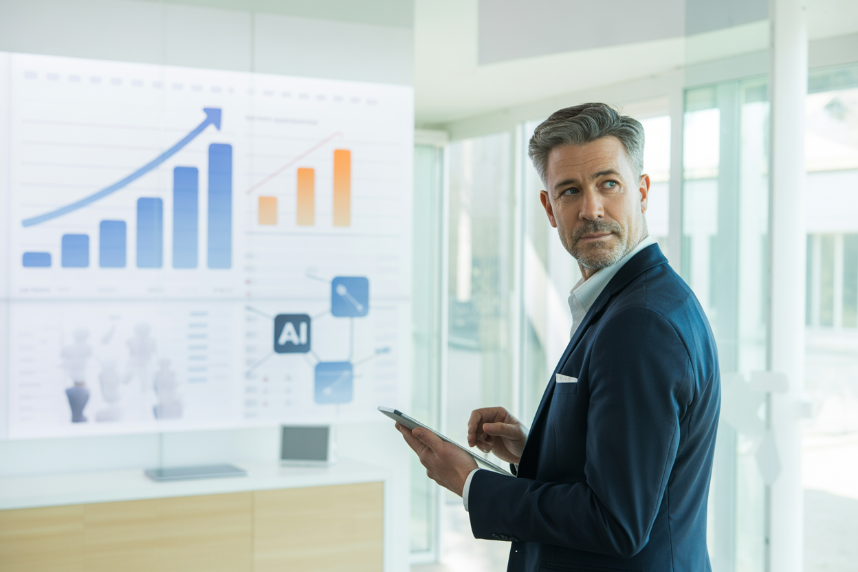 Un entrepreneur suisse regardant un schéma de digitalisation projeté sur un mur de bureau moderne, symbolisant la planification stratégique de l'IA.