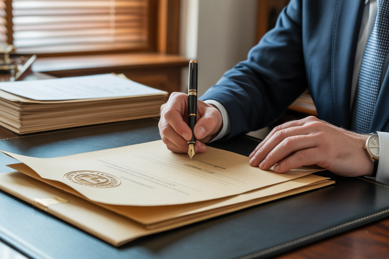 Une image montrant une signature sur un document officiel avec un stylo plume, symbolisant l'acte de constitution légale chez un notaire. Une image montrant une signature sur un document officiel avec un stylo plume, symbolisant l'acte de constitution légale chez un notaire.