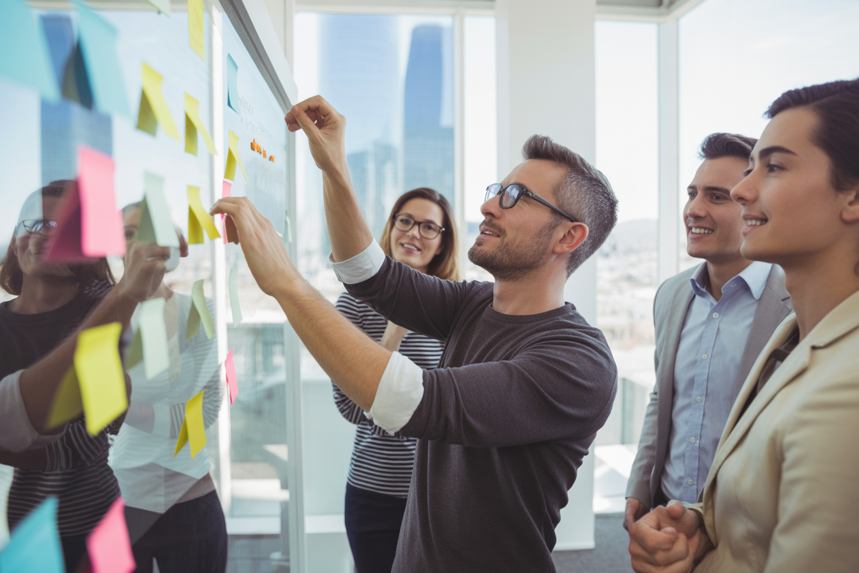 Photo d'un tableau blanc couvert de post-it colorés, représentant une session de brainstorming sur un Lean Canvas.