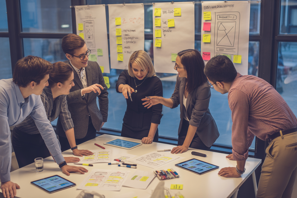 Equipe collaborant autour d'un bureau lors d'un Design Sprint, avec des croquis et des notes sur les murs.