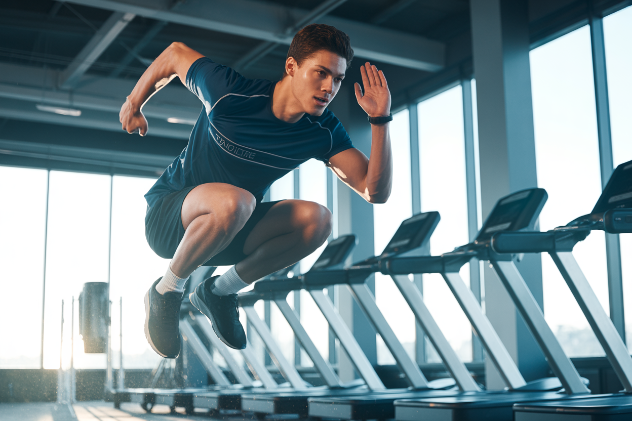 Une personne dynamique en plein exercice de HIIT, effectuant des sauts avec écart, symbolisant l'énergie et l'intensité de cet entraînement rapide.