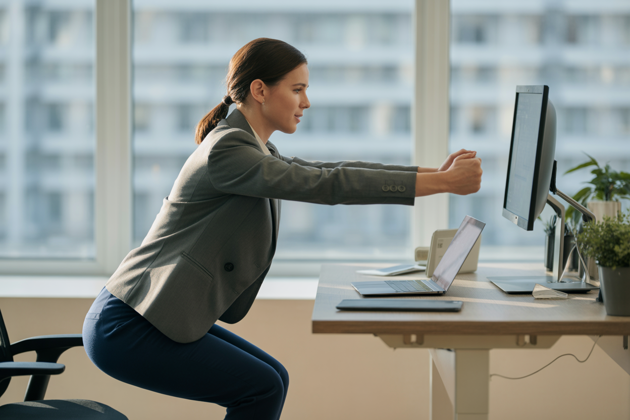 Un professionnel en tenue de bureau faisant une courte série de squats à côté de son poste de travail, illustrant l'intégration d'une micro-séance dans une journée de travail.