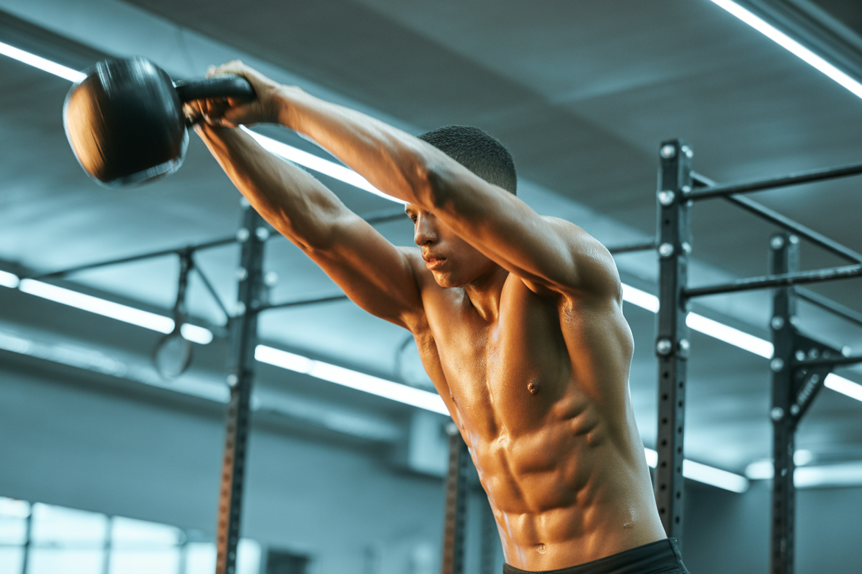 Une personne réalisant un exercice de kettlebell swing dans un circuit d'entraînement, illustrant l'intensité et le mouvement dynamique.