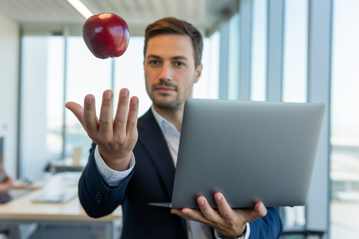 Un professionnel jonglant entre son ordinateur portable et une pomme, symbolisant l'équilibre entre travail et nutrition saine.