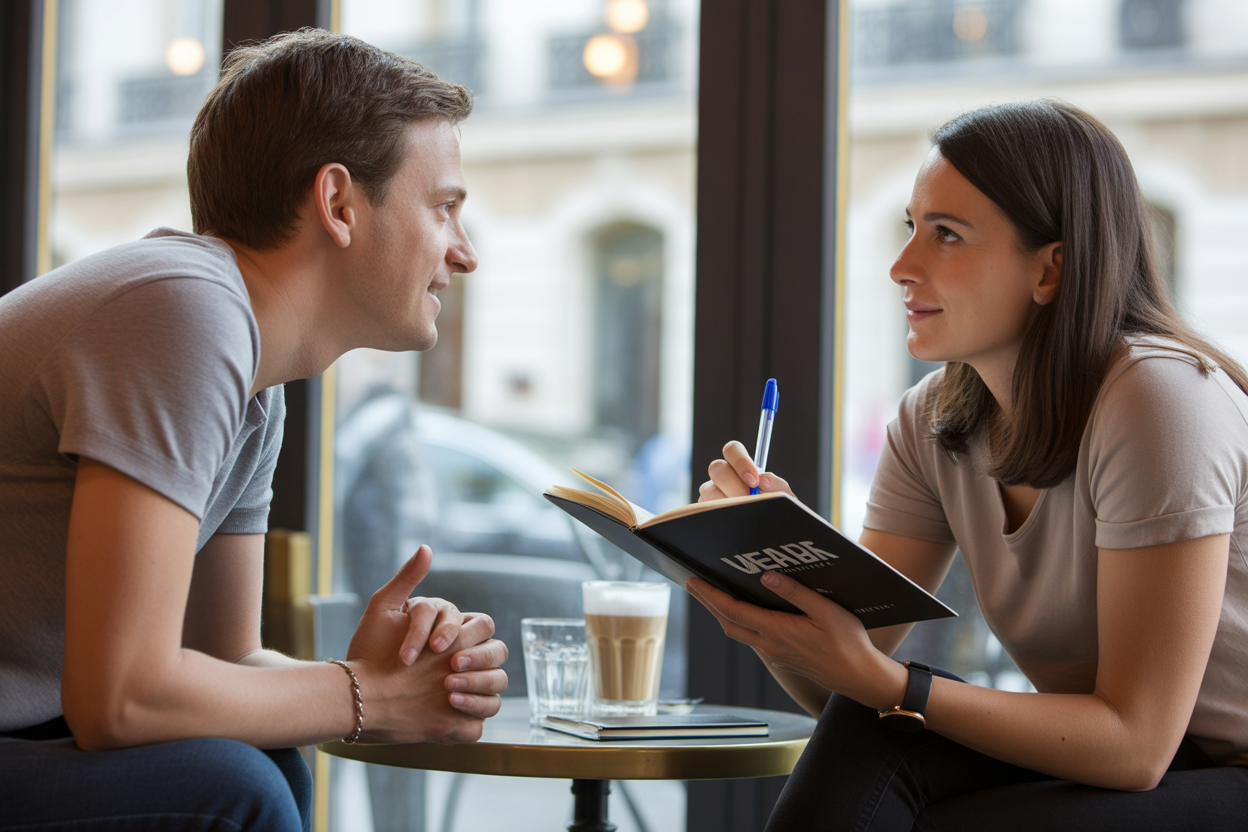 Une personne menant une interview utilisateur dans un café, prenant des notes sur un carnet, illustrant la phase de validation du problème.
