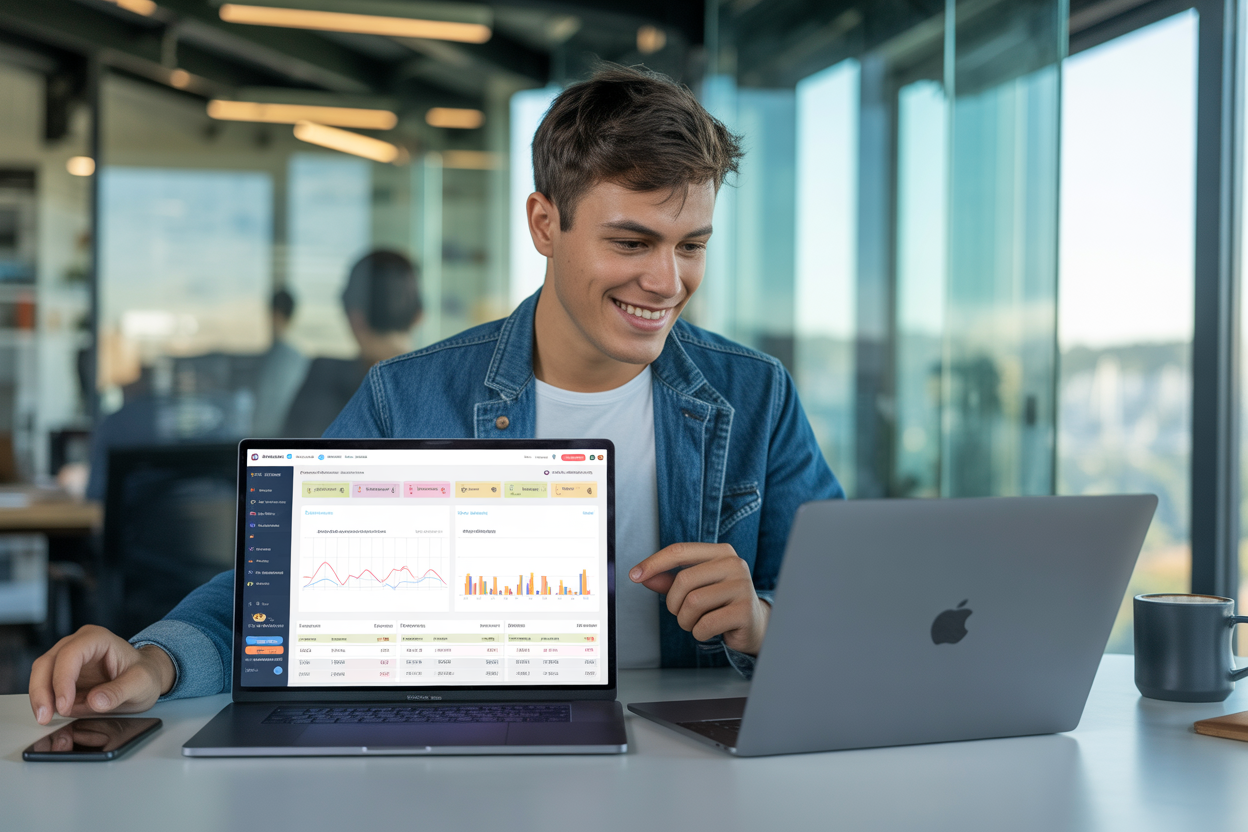 Une photo d'un entrepreneur souriant utilisant un logiciel de comptabilité sur son ordinateur portable dans un bureau moderne, avec des graphiques financiers affichés à l'écran.